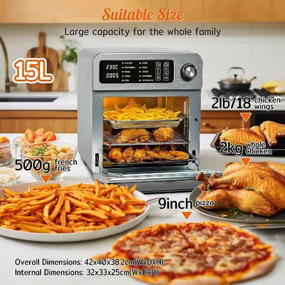 Máy nướng không khí điện 15L với Rotisserie cho gia đình 10 trong 1 Thép không gỉ Máy nướng không gỉ Máy nướng nướng