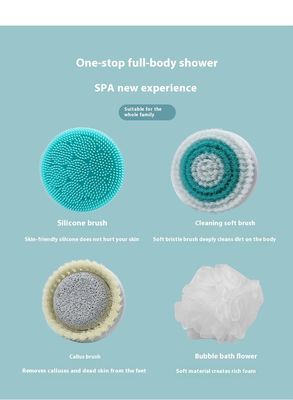 Bàn chải tắm điện sạc tự động hoàn toàn với tay cầm dài bằng silicon để mát xa cơ thể